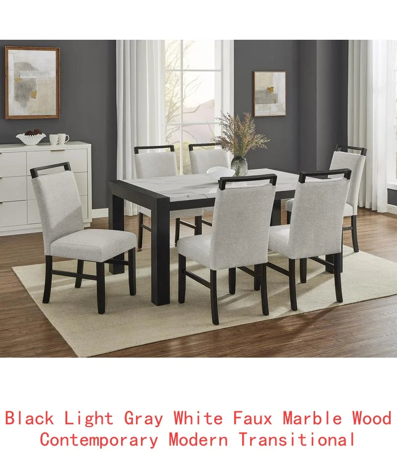 Contemporary 7pc Dining Set with White Faux Marble Rectangular Table