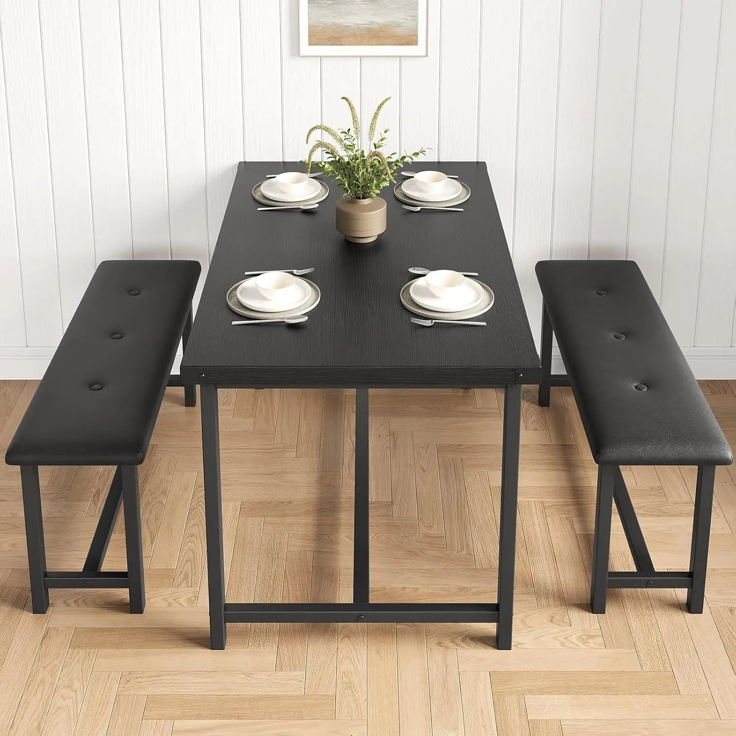 Dining Table Set with 2 Upholstered Bench