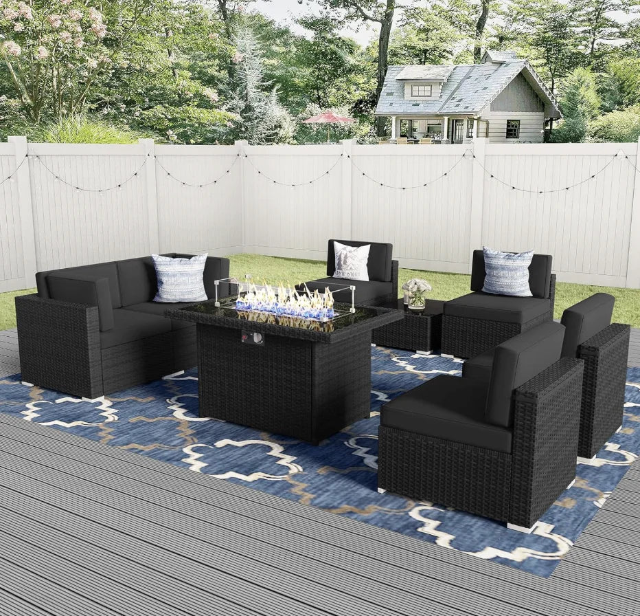 8 Pieces Patio Furniture Set with 44" Propane Gas Fire Pit Table