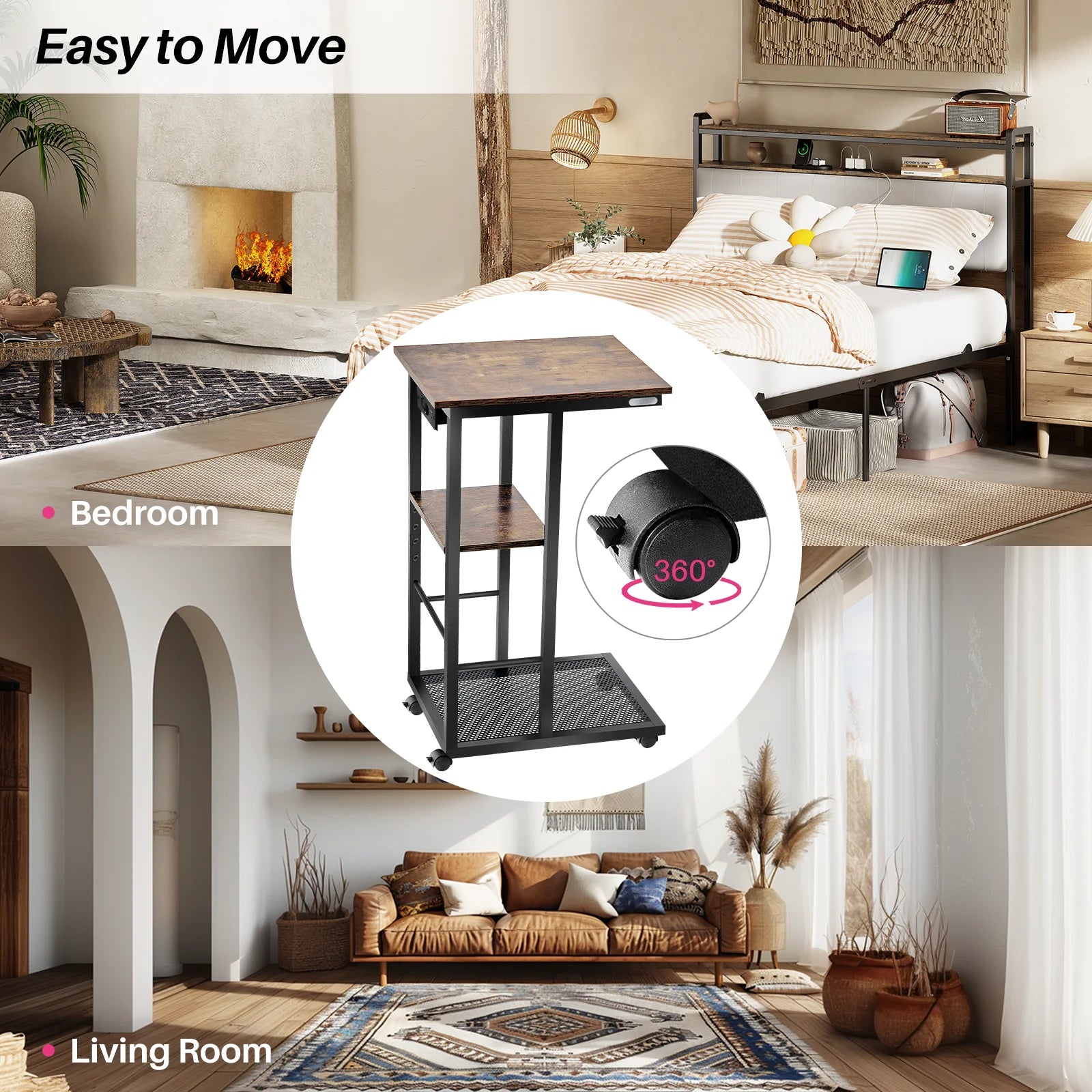 End Table w/ Charging Station  w/ Storage Shelf & Rolling Wheels