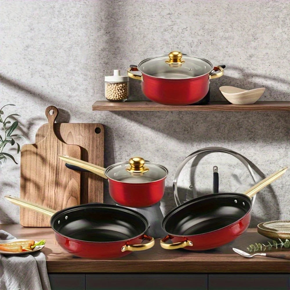 Red Cookware Set, 12-Piece ,Stainless Steel, Non-Stick