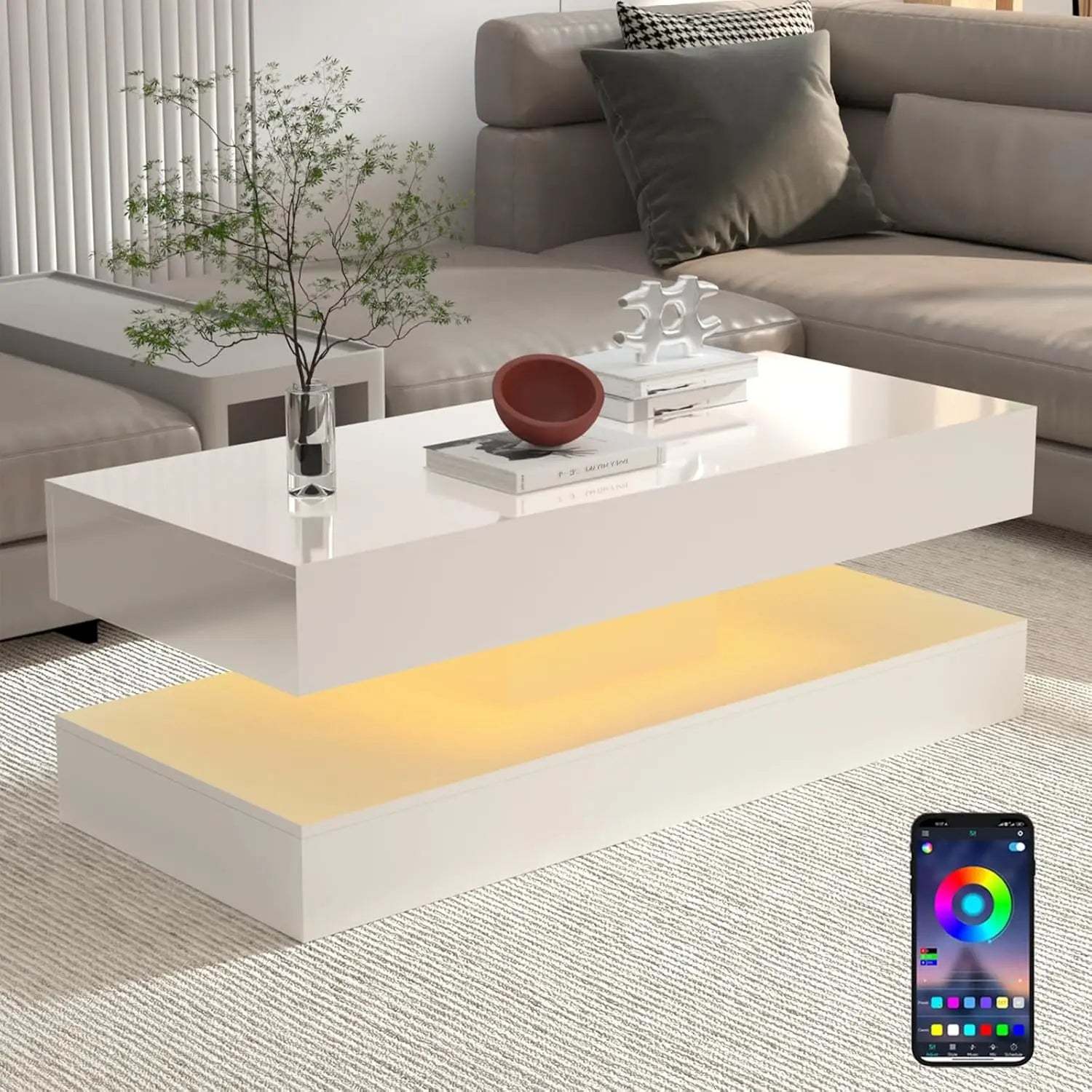 Table with LED lights, Double-Layer Design for Living Room