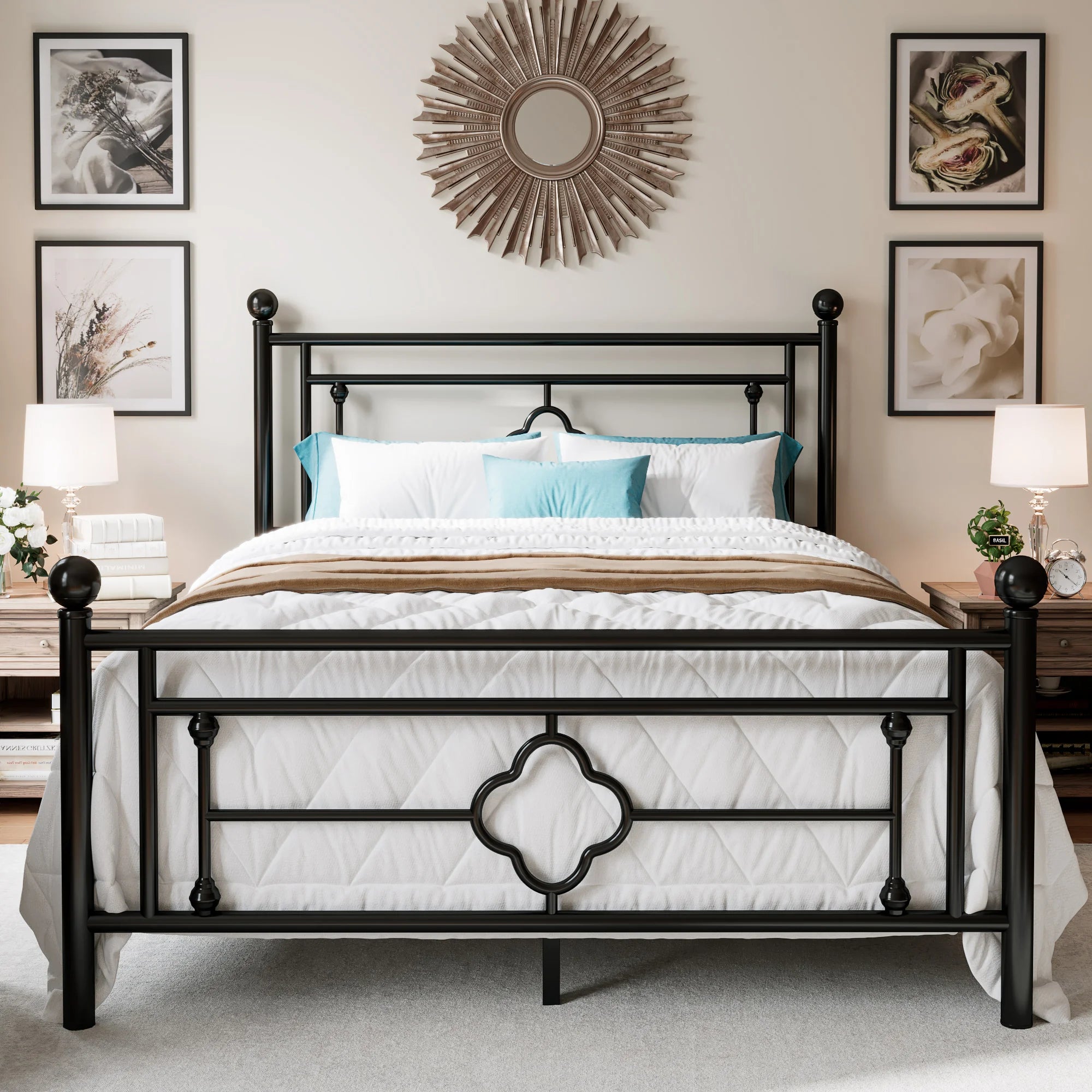 14 Inch Metal Platform Bed Frame, Vintage Victorian Style