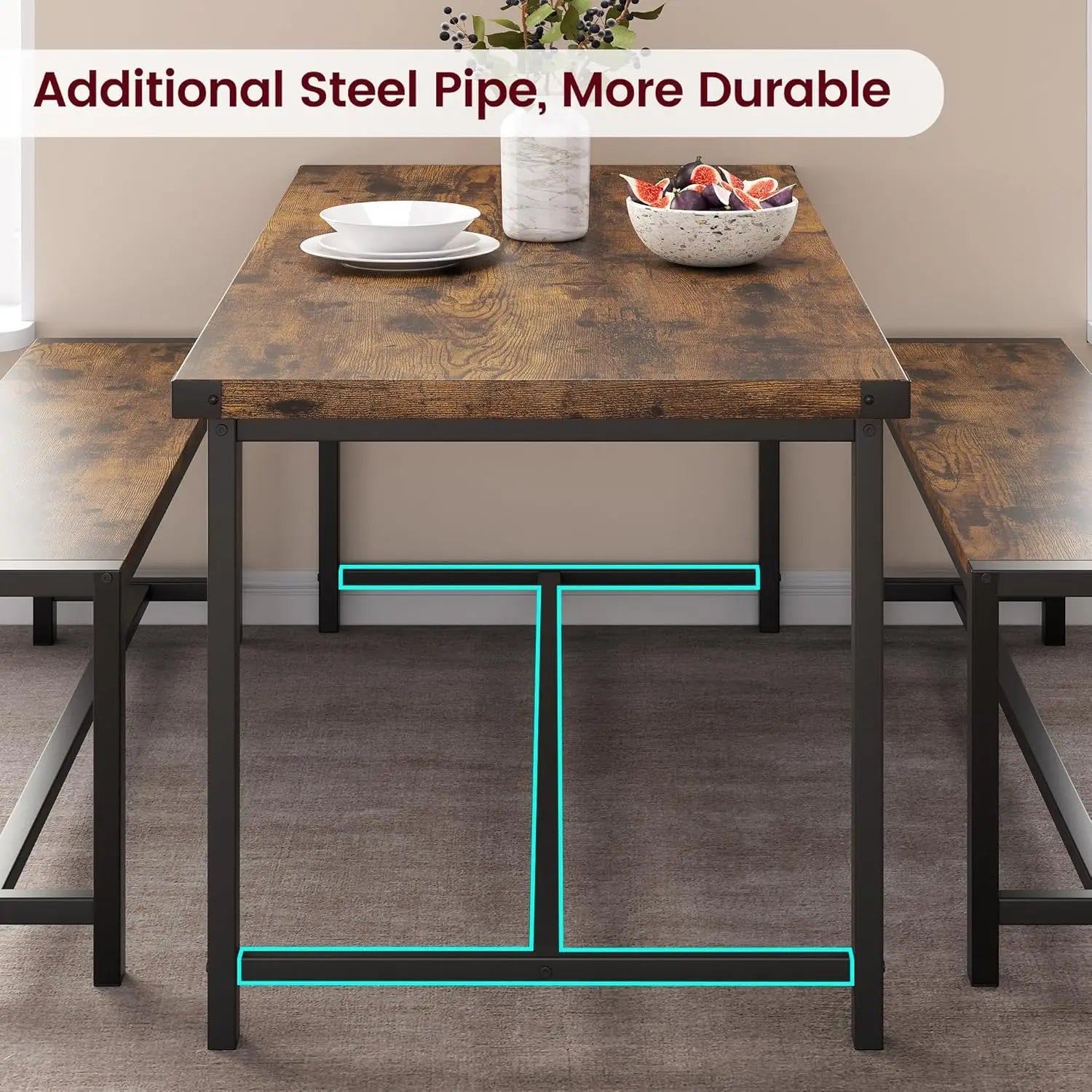 Kitchen Table with 2 Metal Wood Benches 3 Piece Bench Set