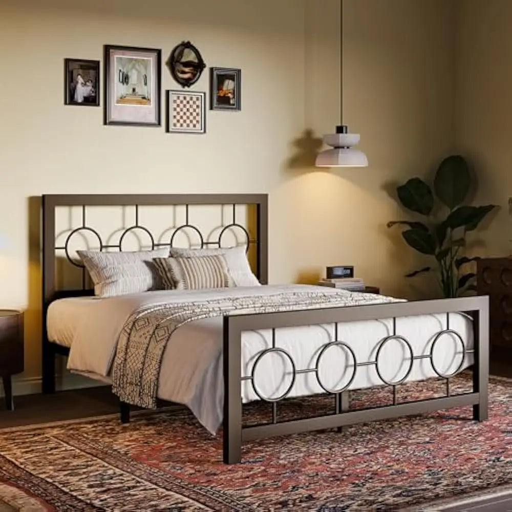 Full Size Bed Frame with Circular Design Headboard and Footboard, No Box Spring Required