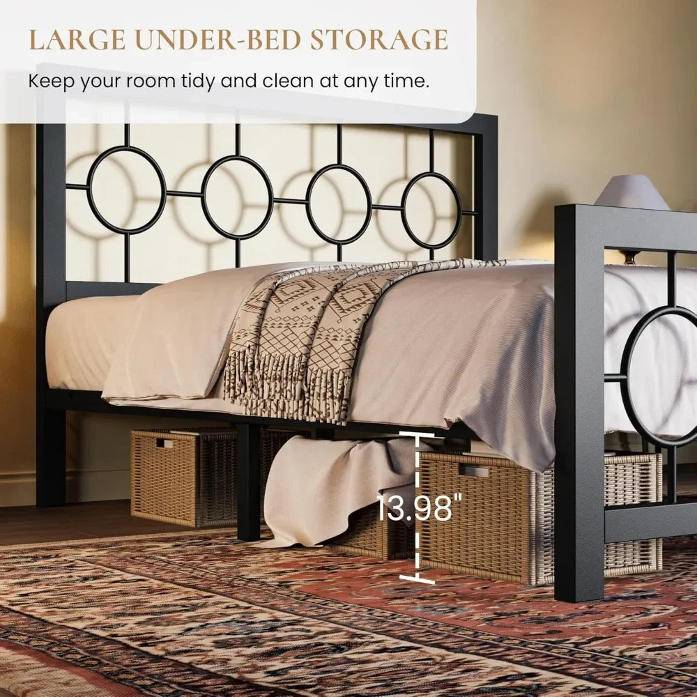 Full Size Bed Frame with Circular Design Headboard and Footboard, No Box Spring Required