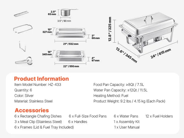 8 Qt 4/6 Pack Chafing Dish Buffet Set Stainless Steel