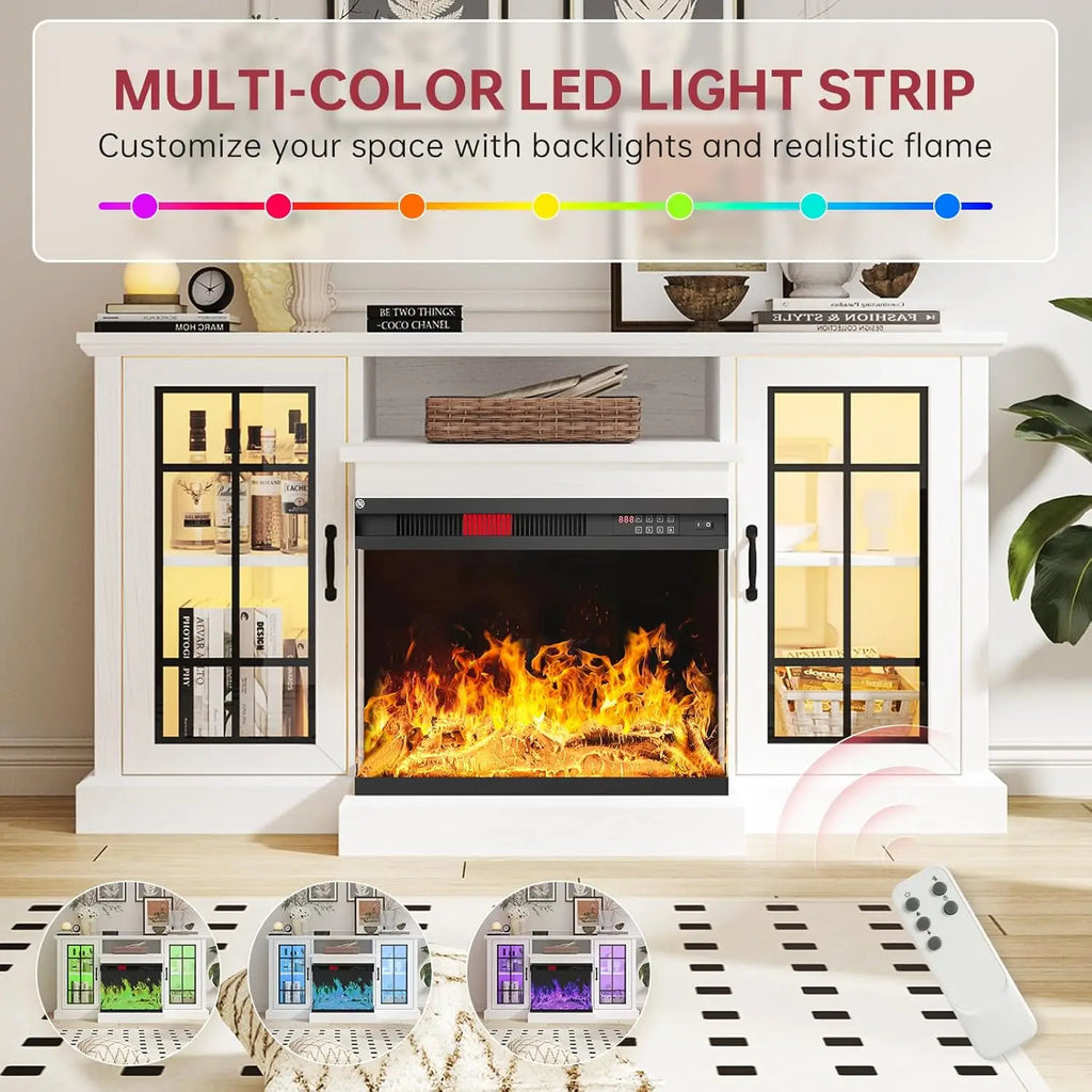 59"Glass Fireplace TV Stand w/ 3-Sided View - Holds 65" TVs