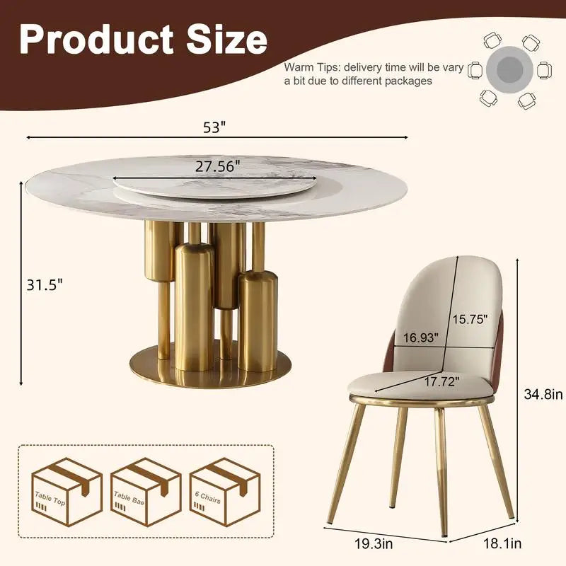 Modern 53" Round Marble Dining Table with Lazy Susan