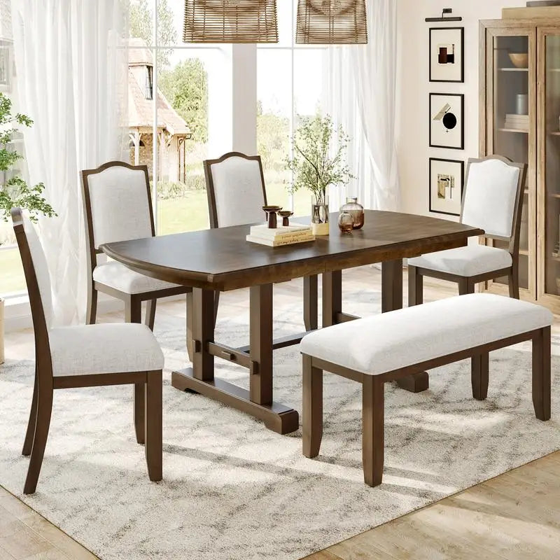 6-Piece Dining Set, Extendable 60-78 inch Wooden Table with Leaf