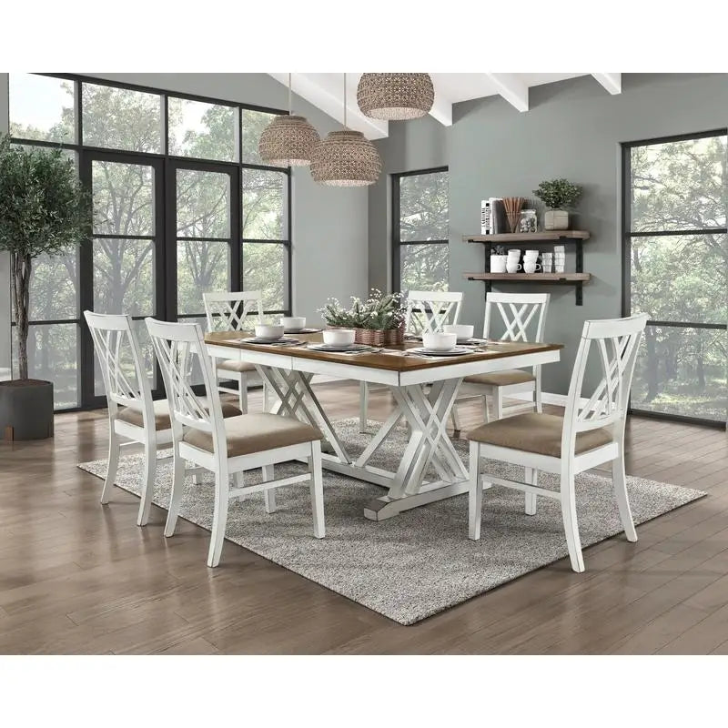Modern White & Oak Finish 7pc Dining Set with Extension