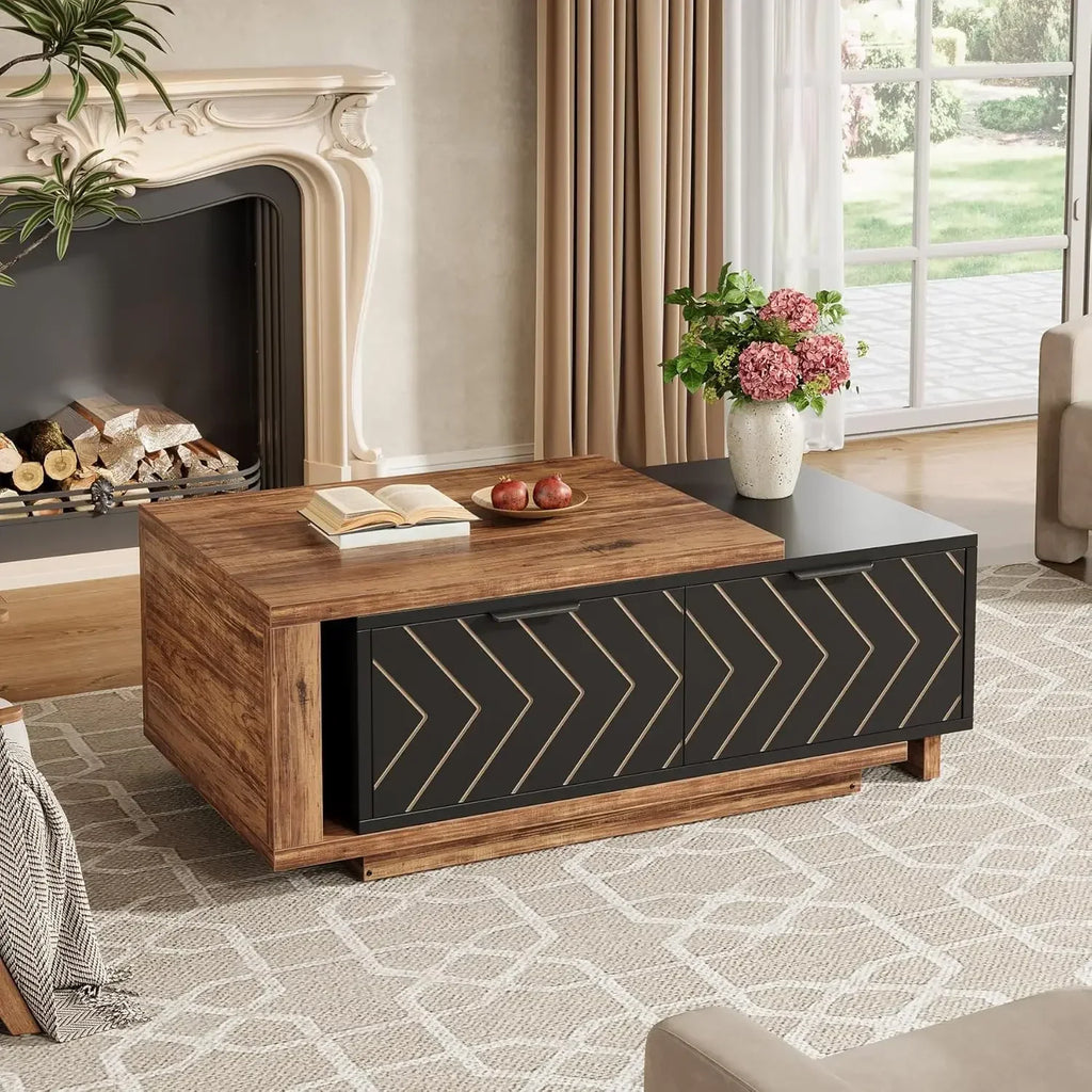 Adjustable Reversible Wood Coffee Table with 2 Storage Drawers