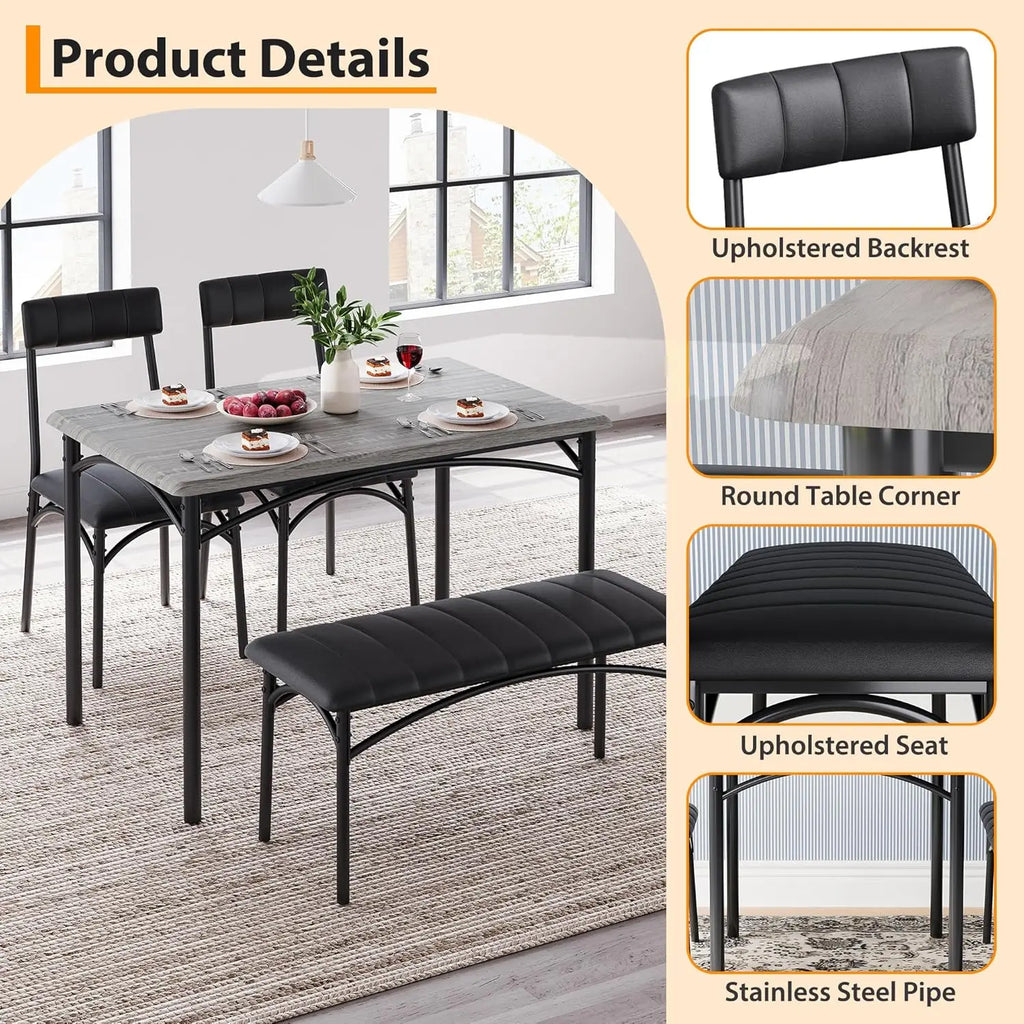 Dining Table Set for 4 with Upholstered Bench and 2 Chairs