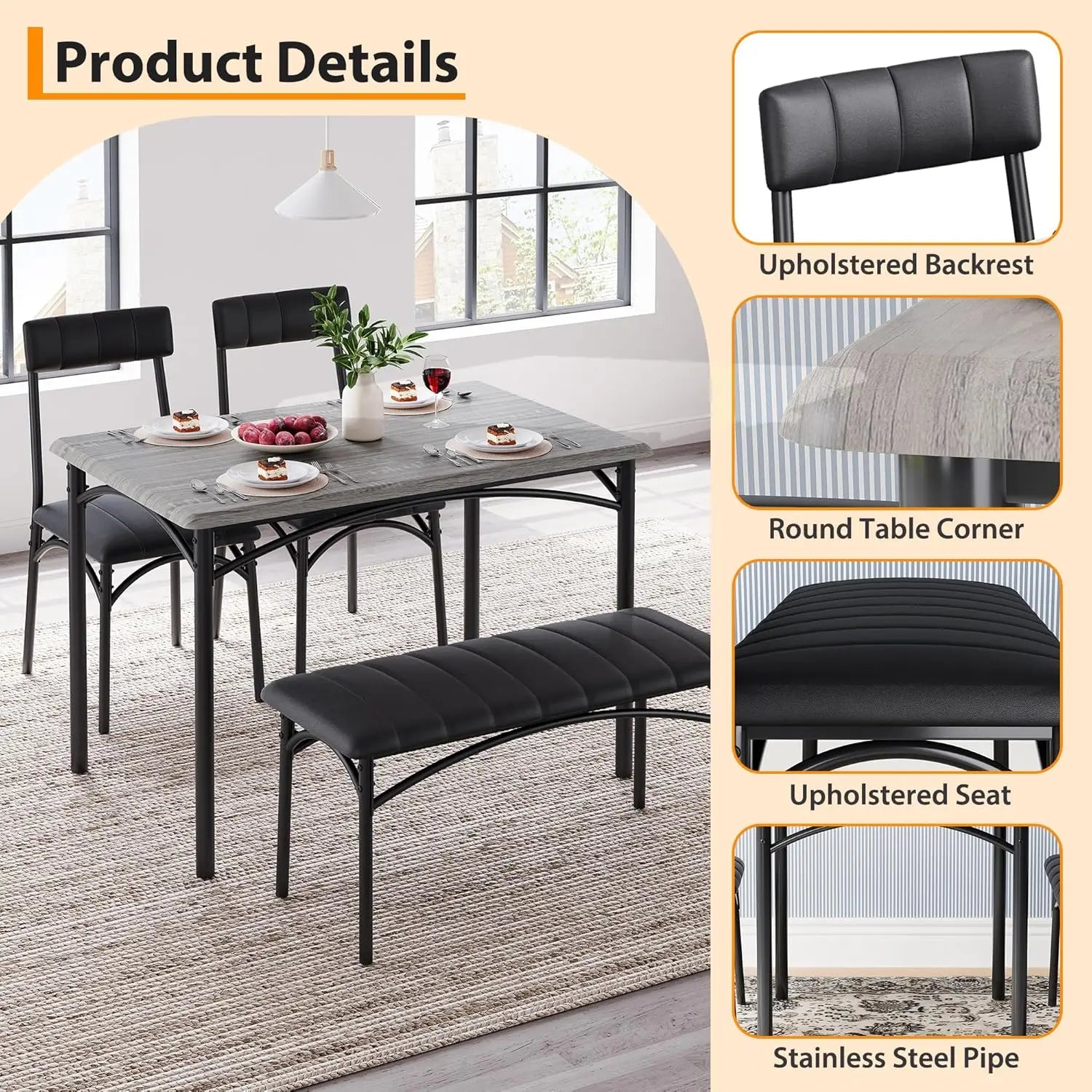 Dining Table Set for 4 with Upholstered Bench and 2 Chairs