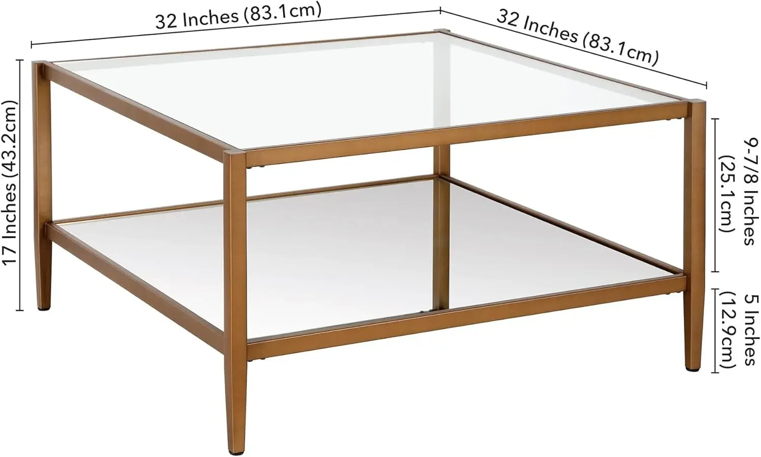 -32" Wide Square Coffee Table with Mirror Shelf in Antique Brass