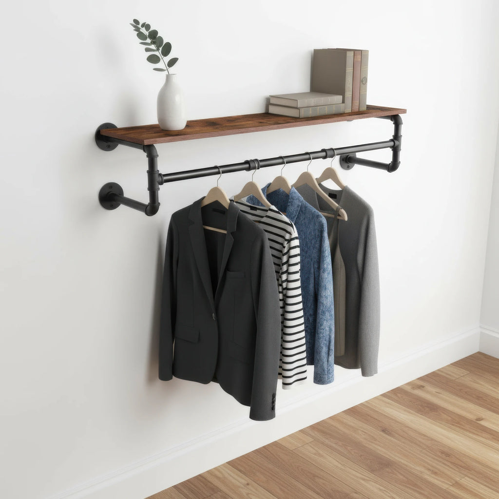 Industrial Pipe Clothes Rack with Top Shelf
