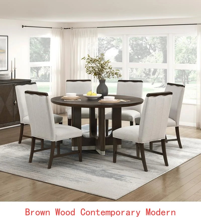 Modern Brown Finish 7-Piece Dining Set with Round Table