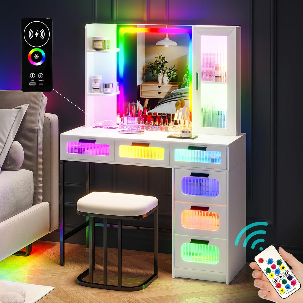 Vanity with RGB Lights and 6 Drawers, with USB/Wireless Charging