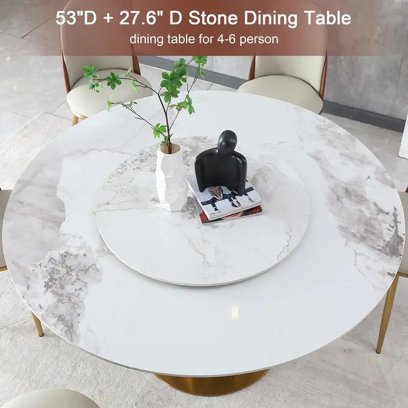 Modern 53" Round Marble Dining Table with Lazy Susan