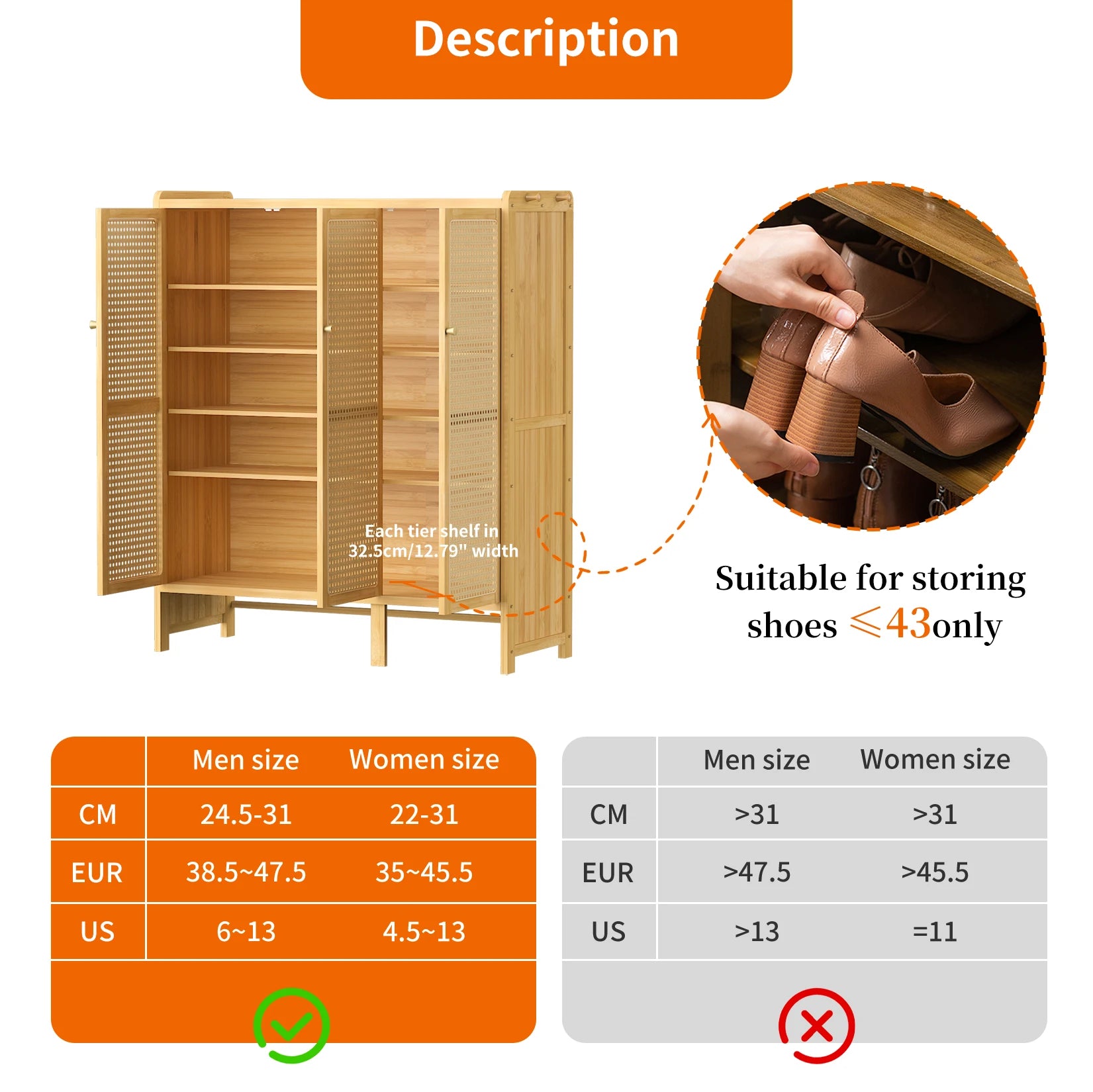 Bamboo Shoes Rack Organizer with Doors and 6 Tiers Shelves