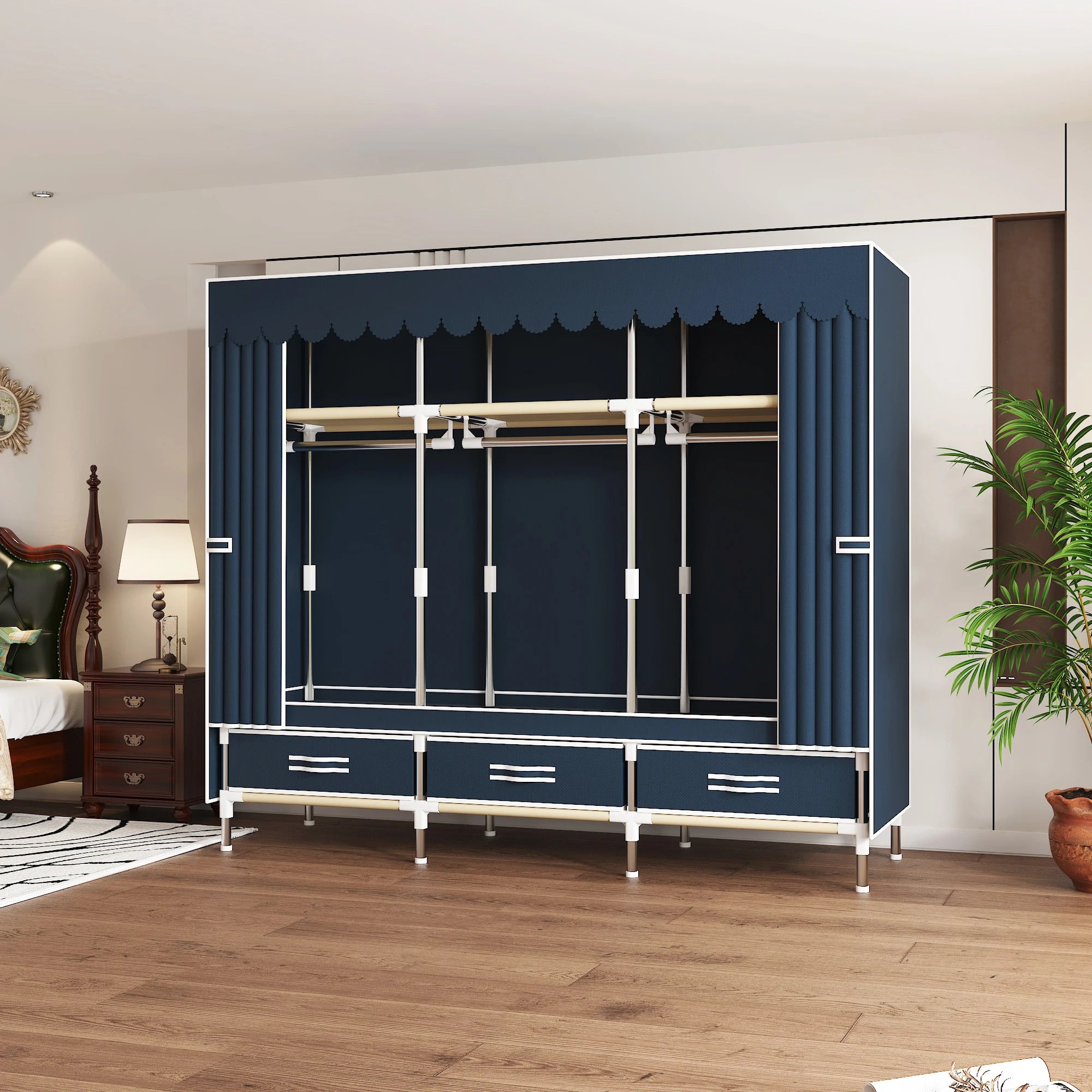 Portable Wardrobe Closet with Steel Frame Includes Storage Compartment And Drawers