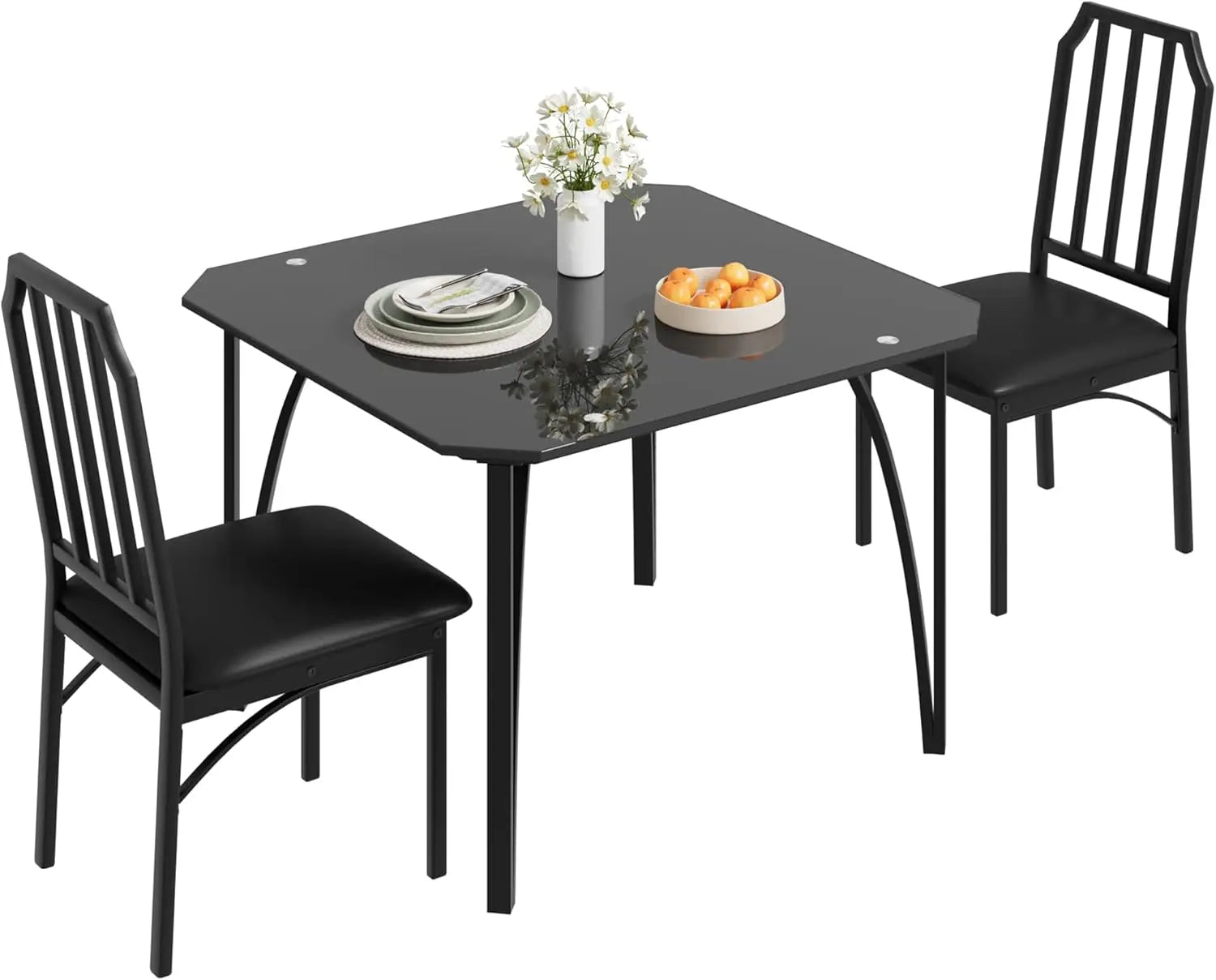 Glass Dining Table Set for 2Chairs for 2 with Padded Seats