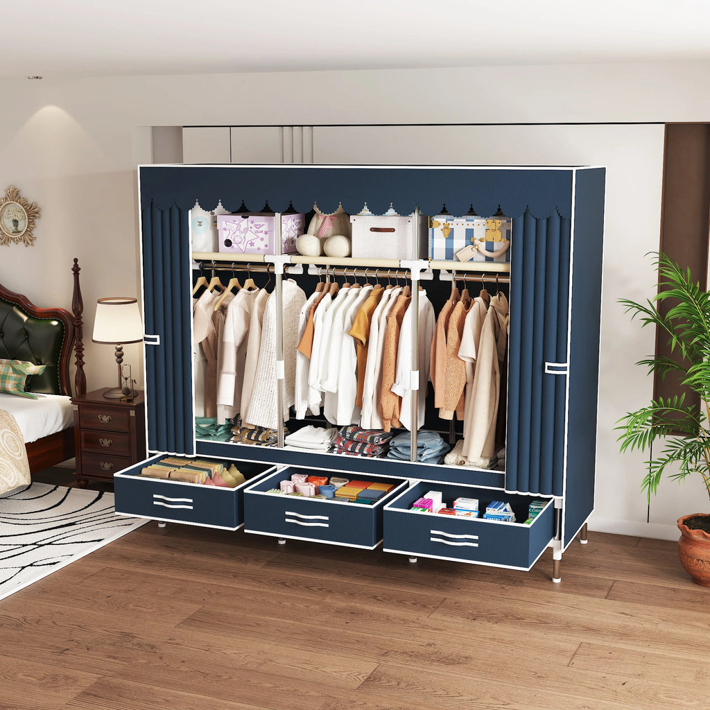 Portable Wardrobe Closet with Steel Frame Includes Storage Compartment And Drawers