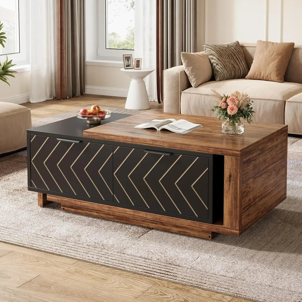Adjustable Reversible Wood Coffee Table with 2 Storage Drawers