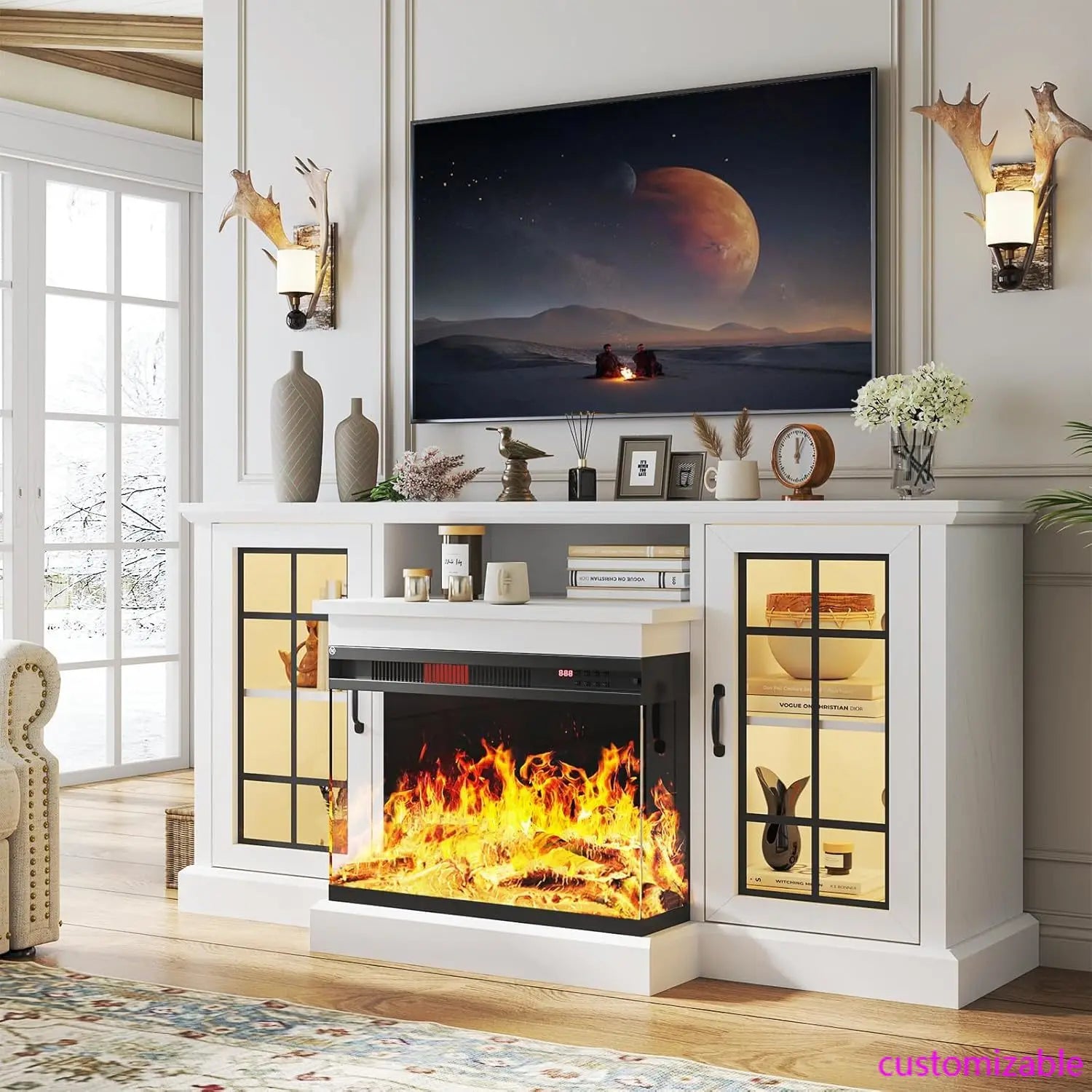 59"Glass Fireplace TV Stand w/ 3-Sided View - Holds 65" TVs