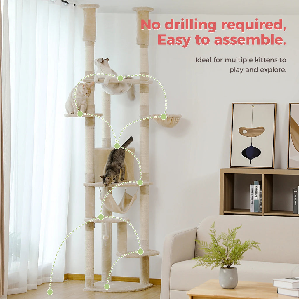 Floor to Ceiling Cat Tower with Scratching Posts Cozy Condo Hammock