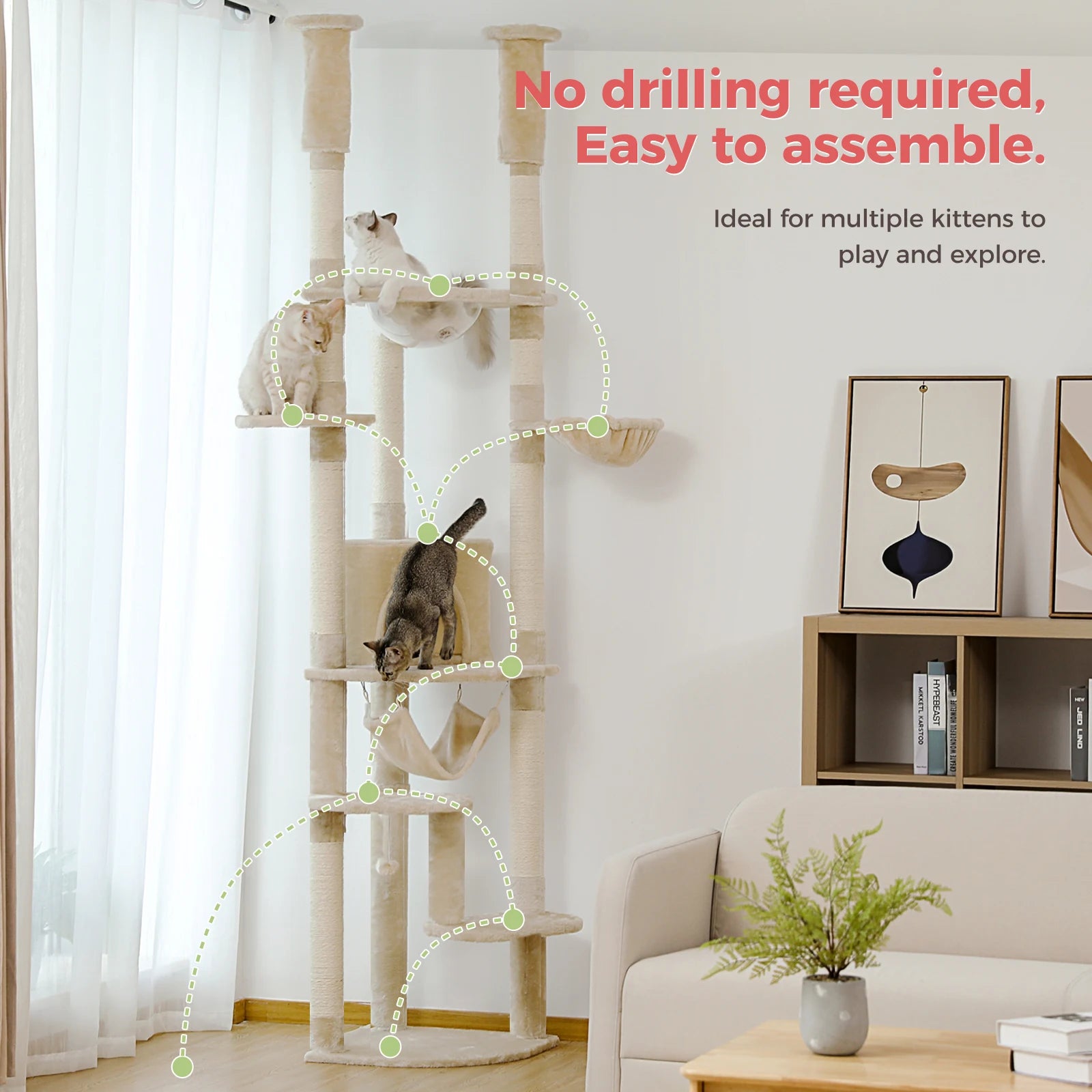 Floor to Ceiling Cat Tower with Scratching Posts Cozy Condo Hammock