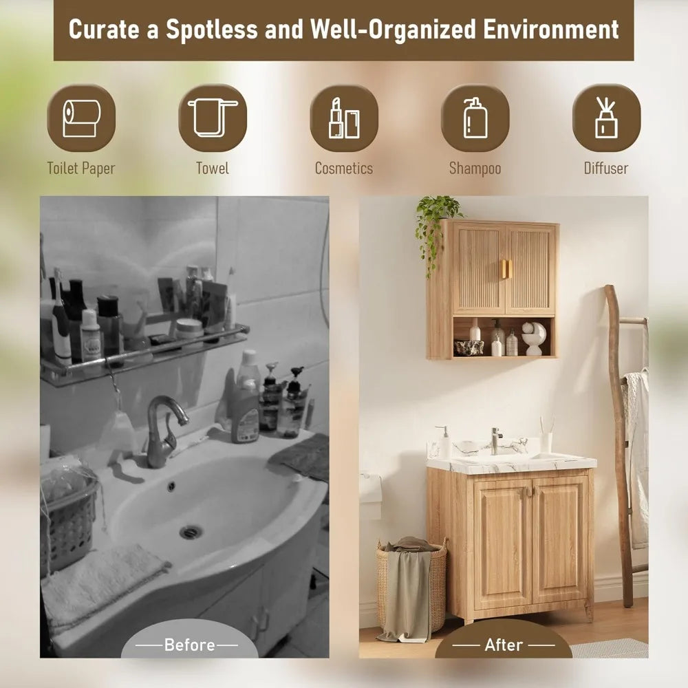 Bathroom Storage Cabinet, w/Adjustable Wood Shelf & Doors