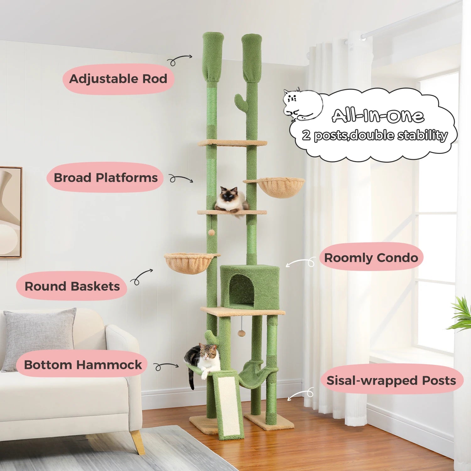 Floor to Ceiling Cat Tower with Adjustable Height 7 Tiers