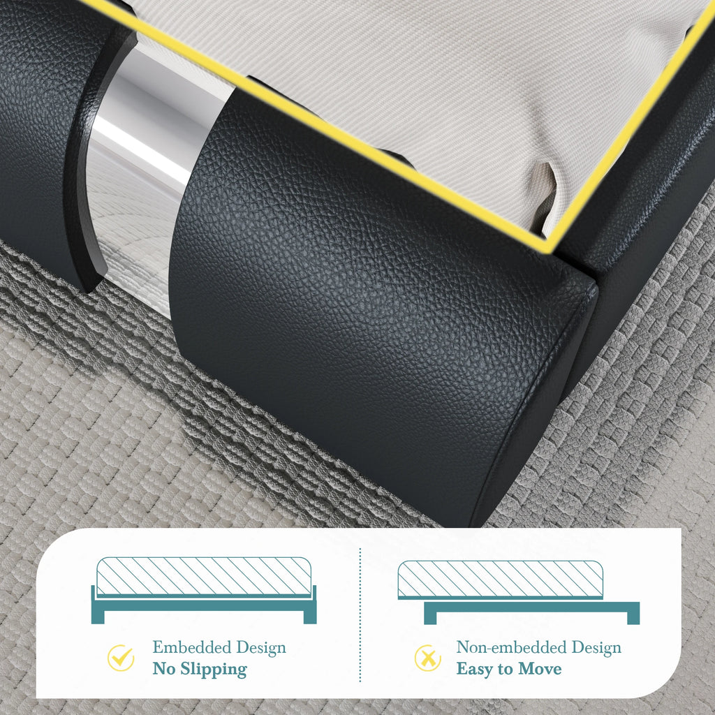 Faux Leather Bed Frame with Iron Pieces Decor, Low Profile