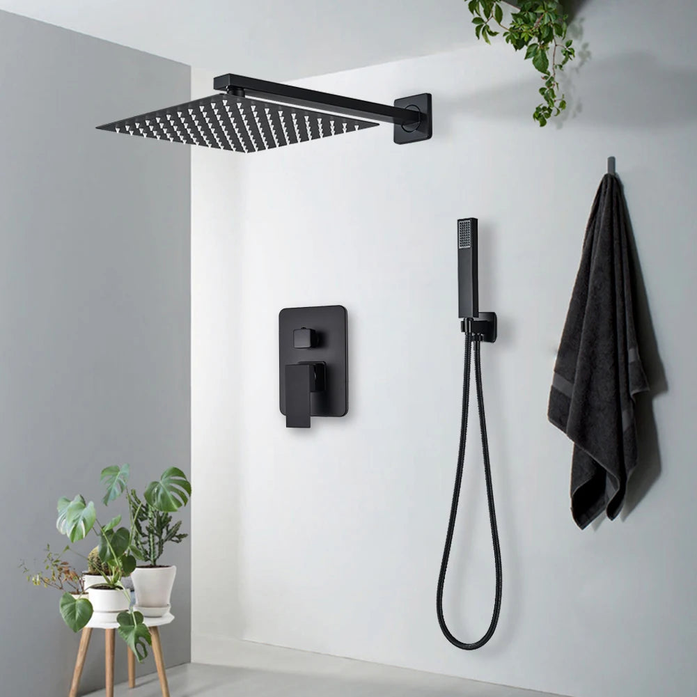 Black Shower Faucets System Wall Mounted Rainfall Kit