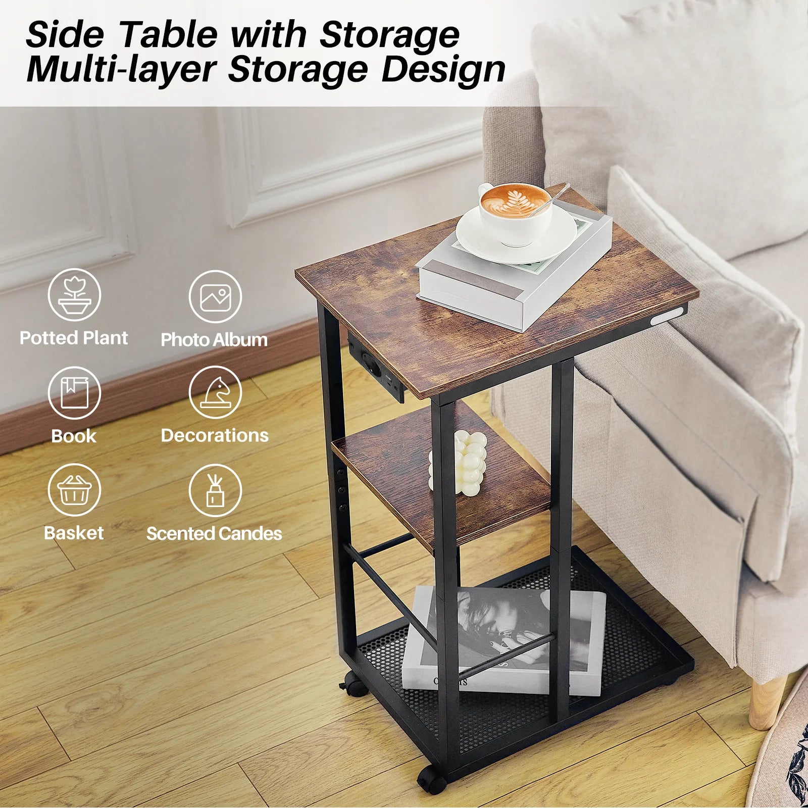 End Table w/ Charging Station  w/ Storage Shelf & Rolling Wheels