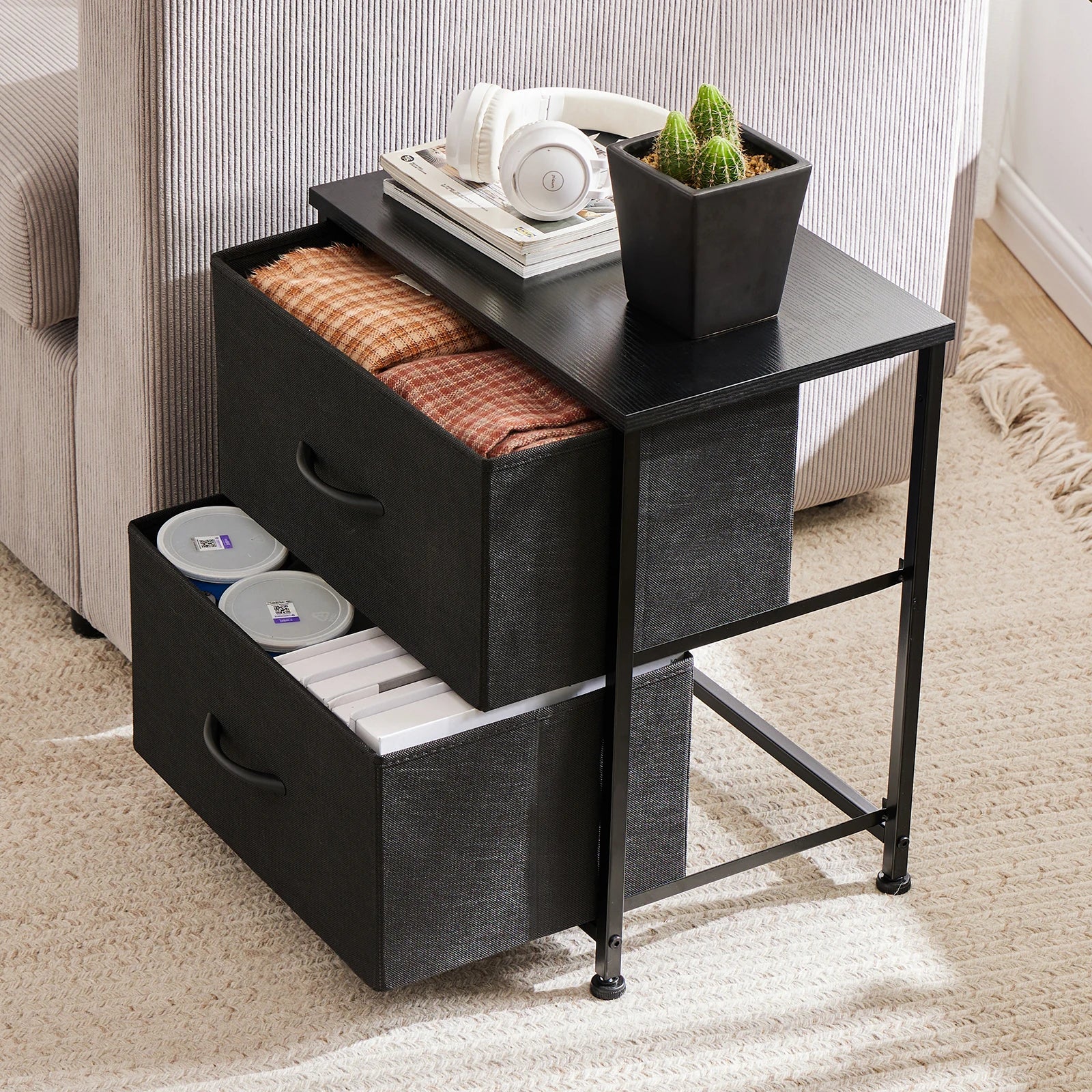 Nightstand Table   For Bedroom 2 Fabric Drawers