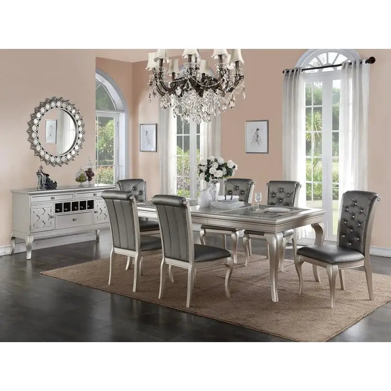 7pc Rect. Glass Dining Table Set w/ Silver Hue