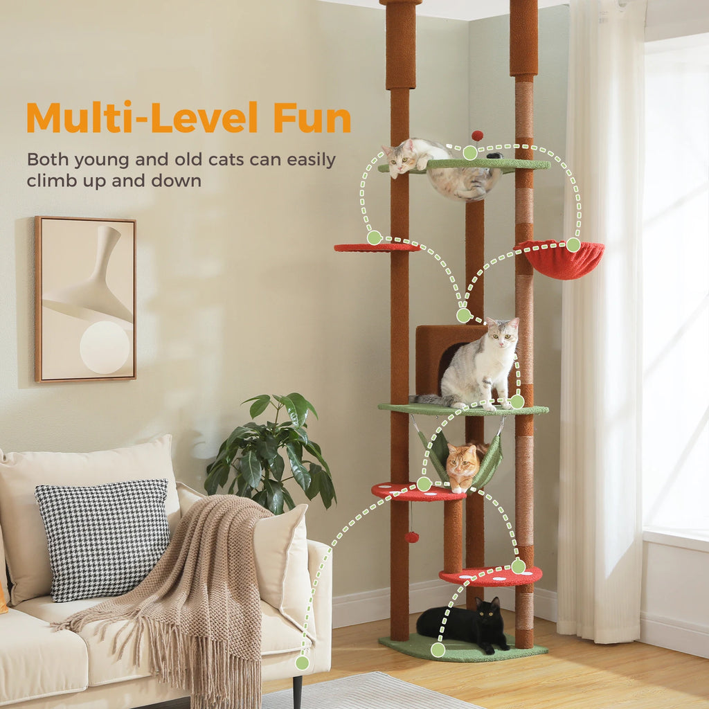 Floor to Ceiling Cat Tower with Scratching Posts Cozy Condo Hammock