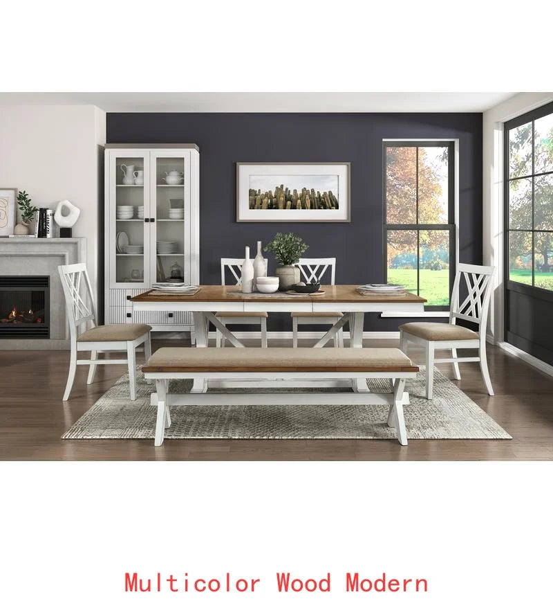 Modern White & Oak Finish 7pc Dining Set with Extension