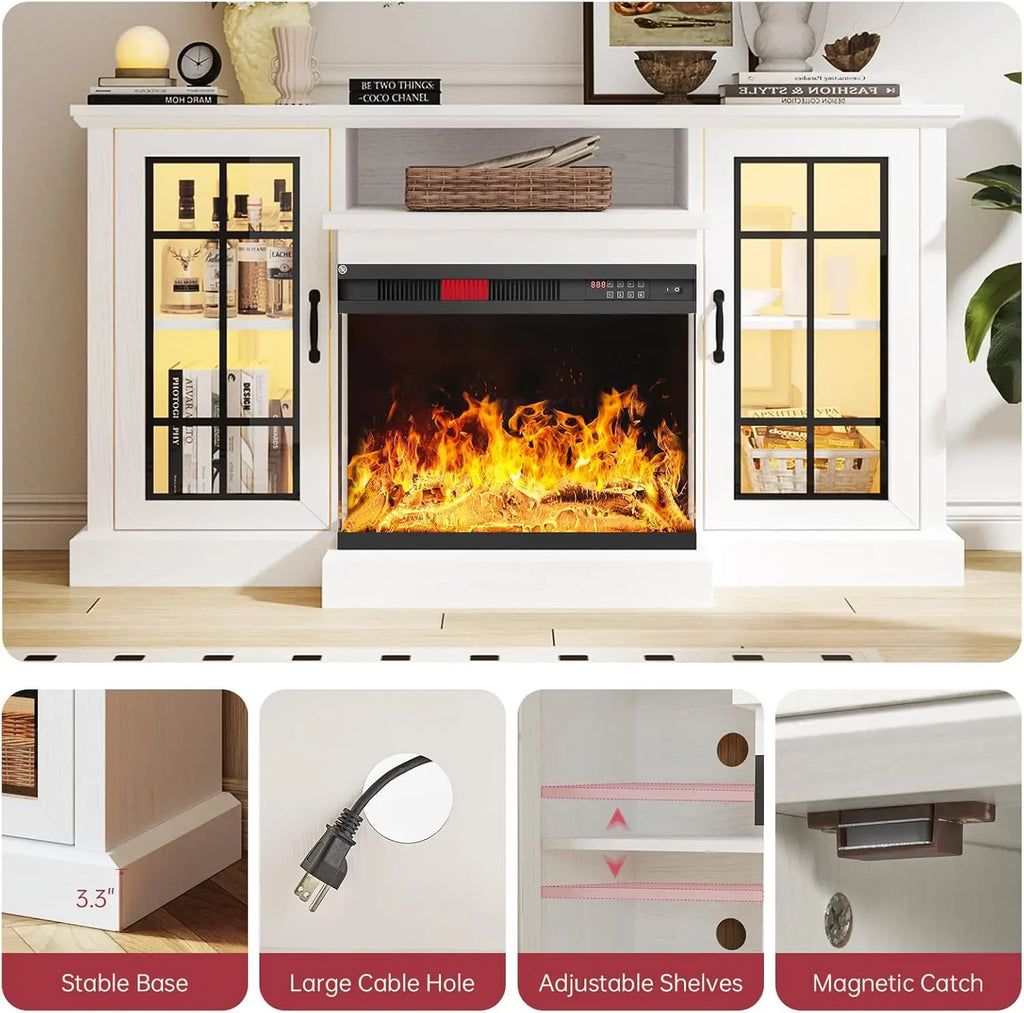 59"Glass Fireplace TV Stand w/ 3-Sided View - Holds 65" TVs