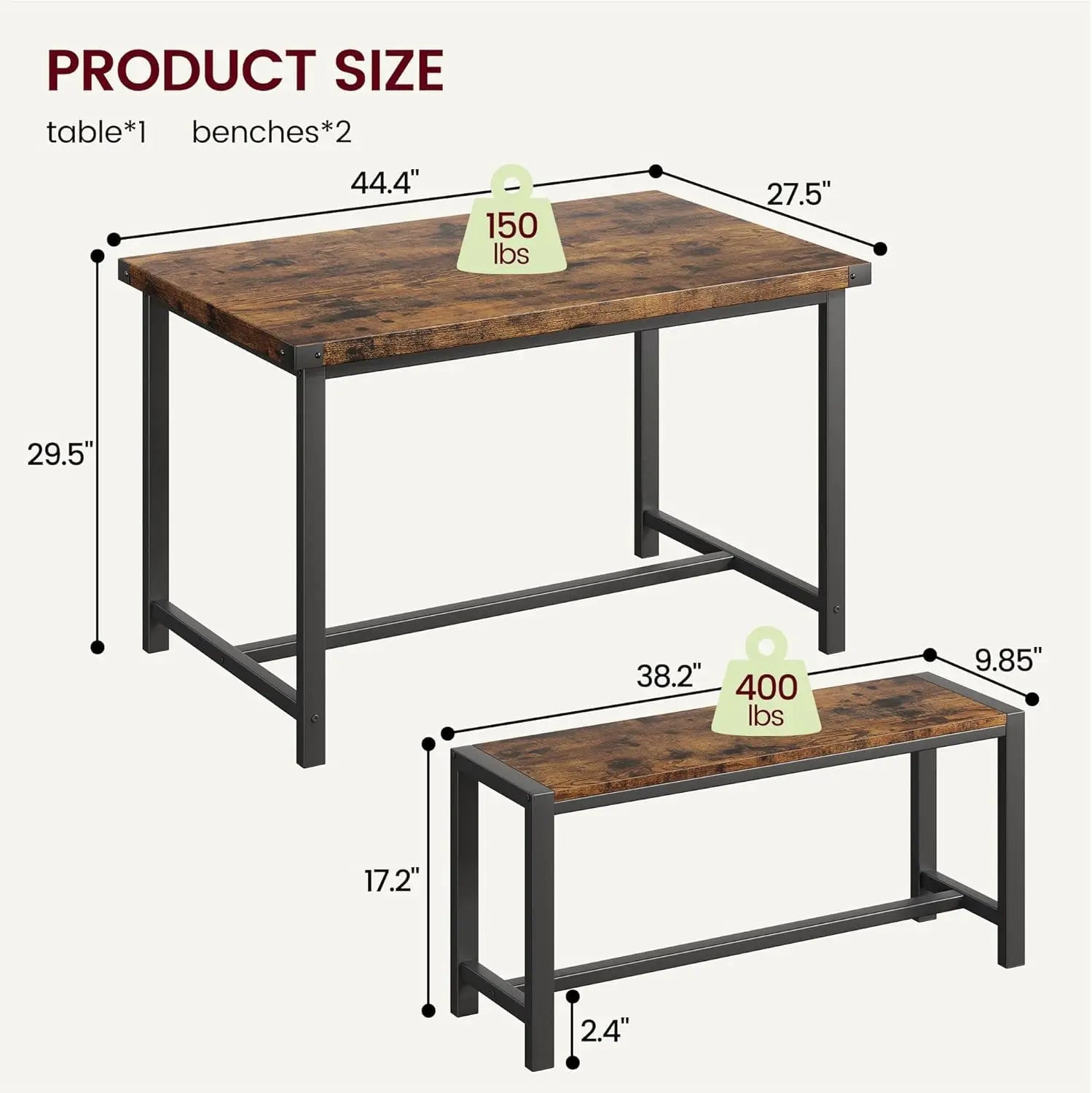 Kitchen Table with 2 Metal Wood Benches 3 Piece Bench Set