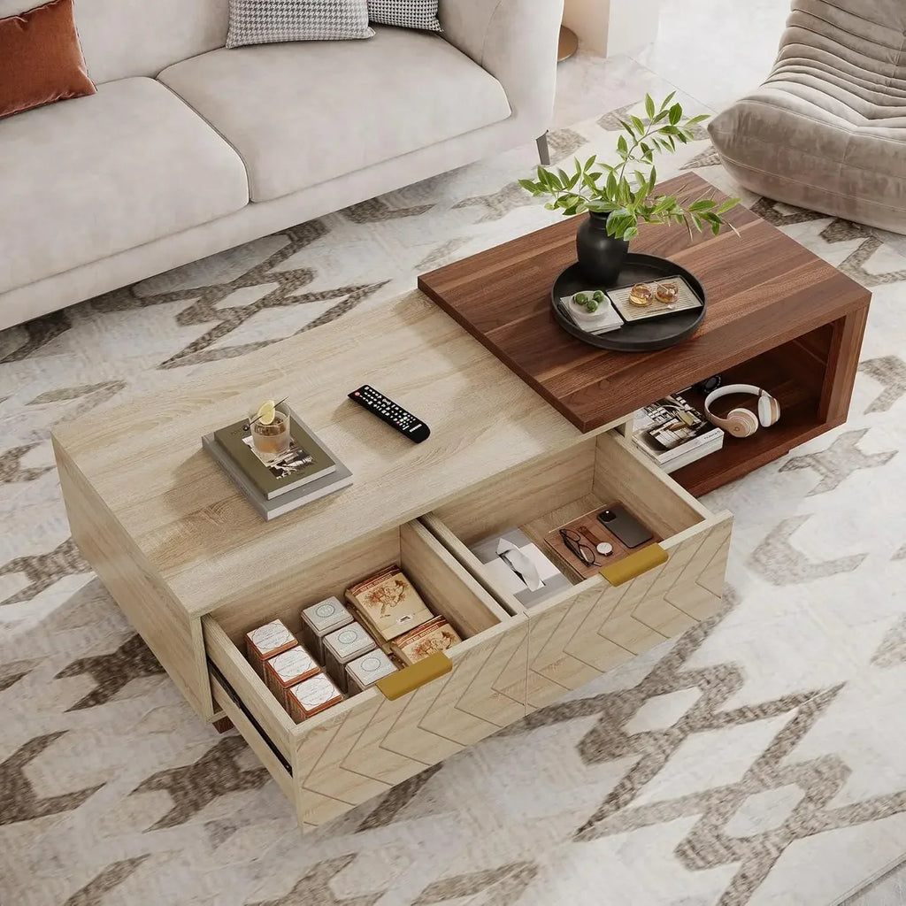 Adjustable Reversible Wood Coffee Table with 2 Storage Drawers