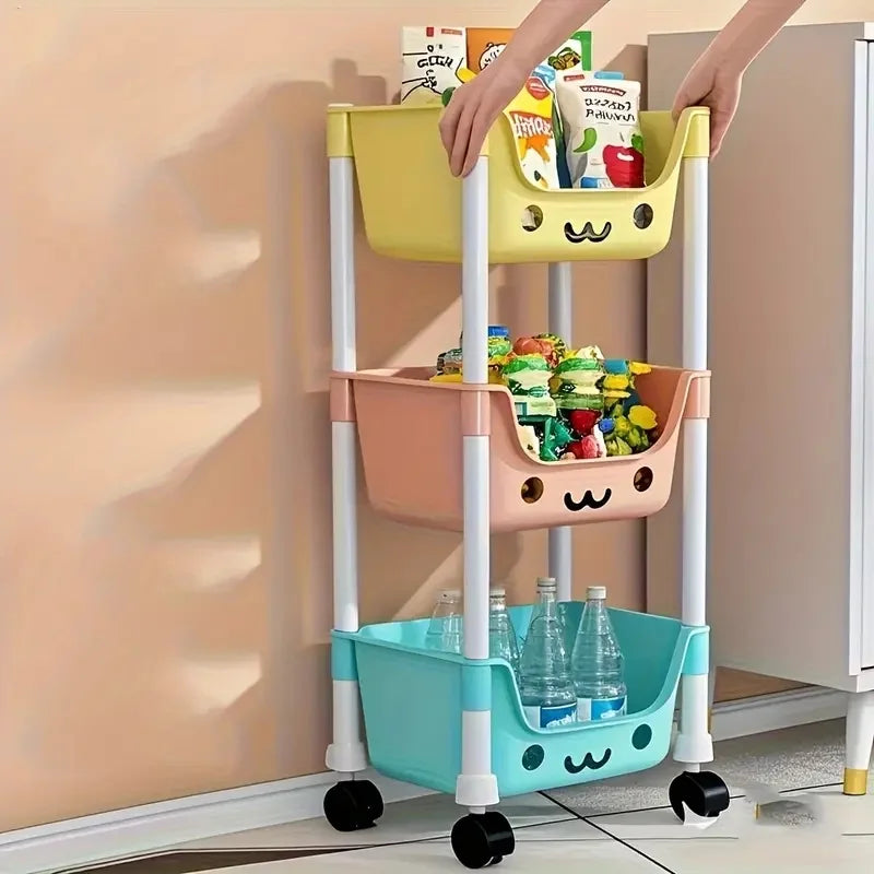 Multi-Tier  Slim Rolling Cart with Storage Bins and Hooks