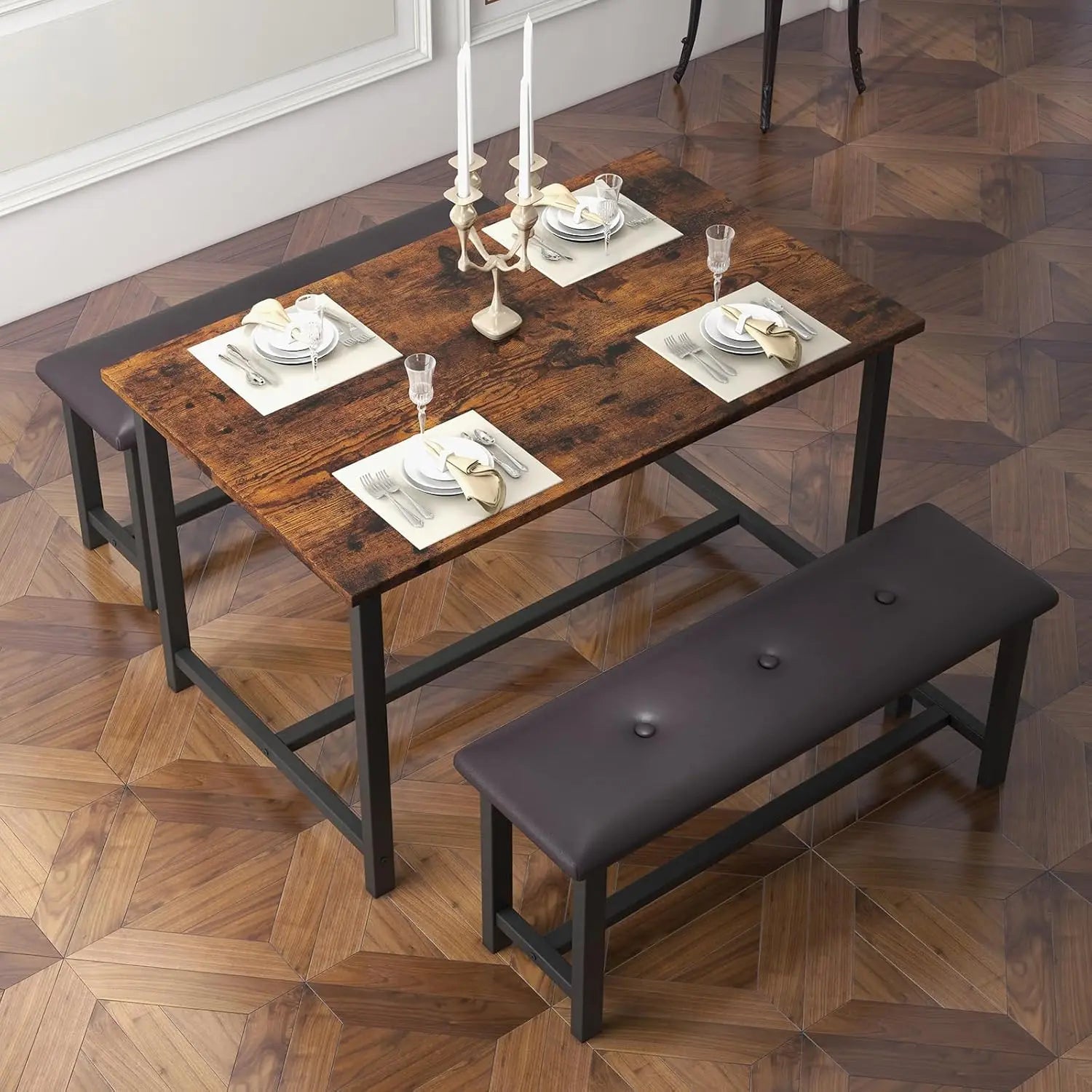 Dining Table Set with 2 Upholstered Bench