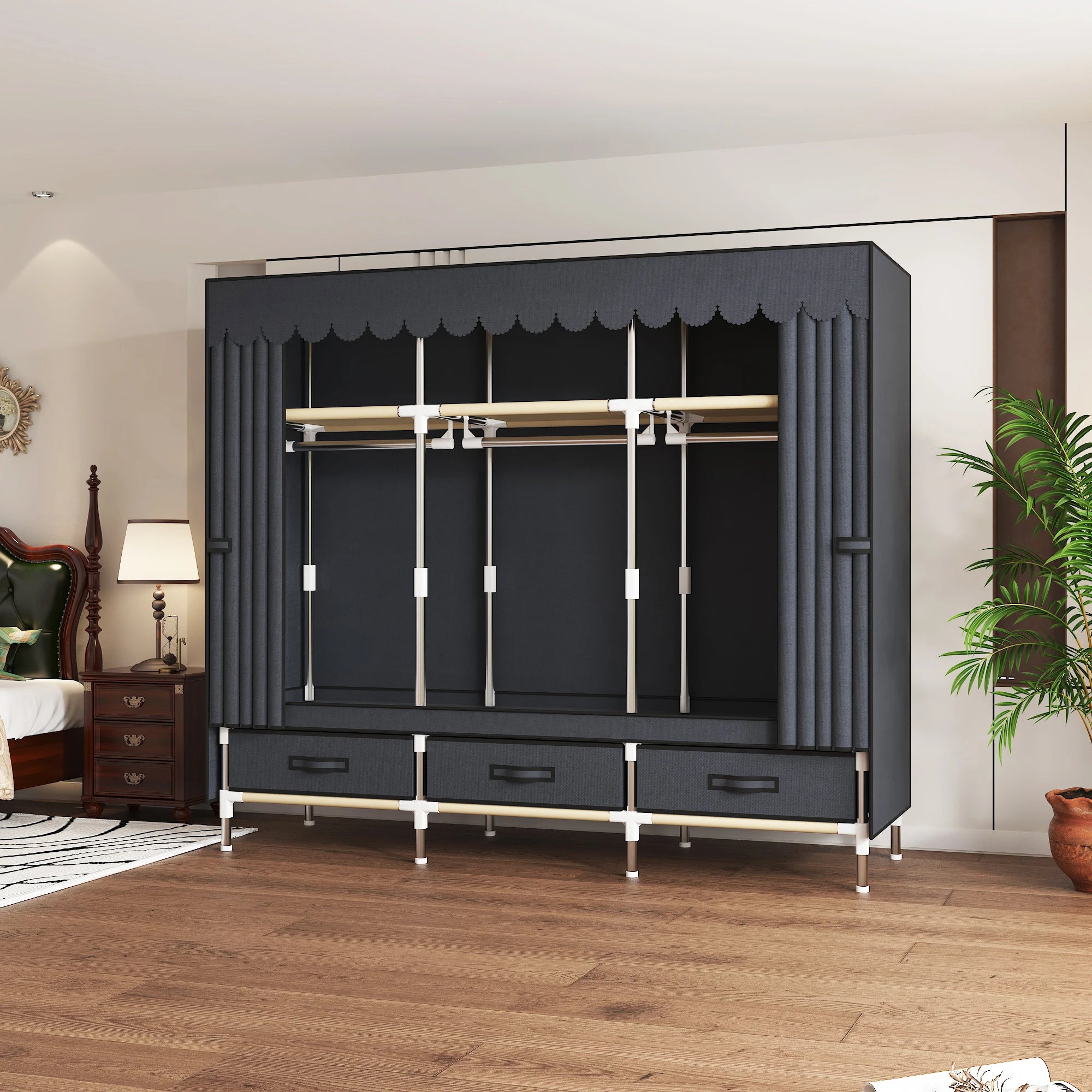 Portable Wardrobe Closet with Steel Frame Includes Storage Compartment And Drawers