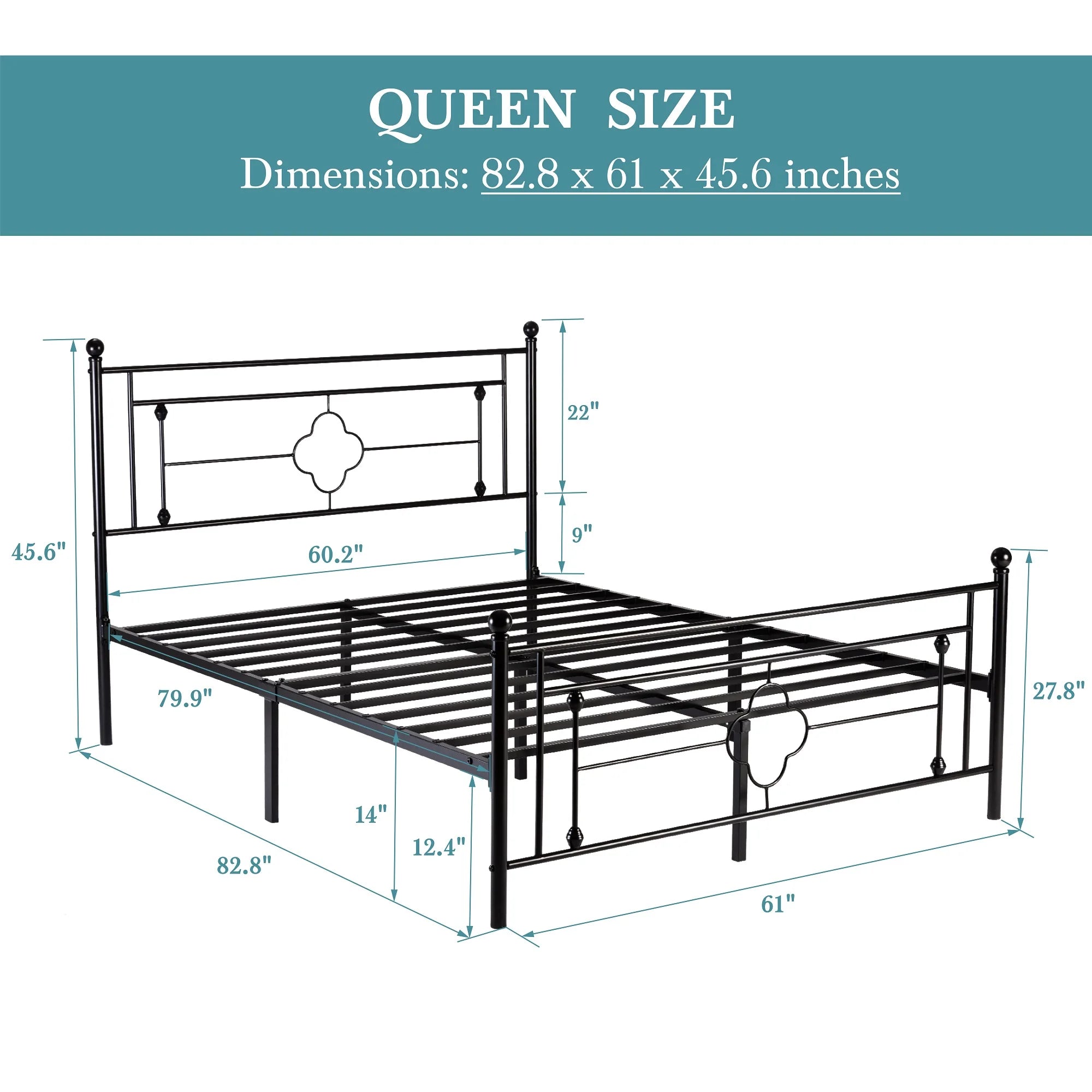 14 Inch Metal Platform Bed Frame, Vintage Victorian Style
