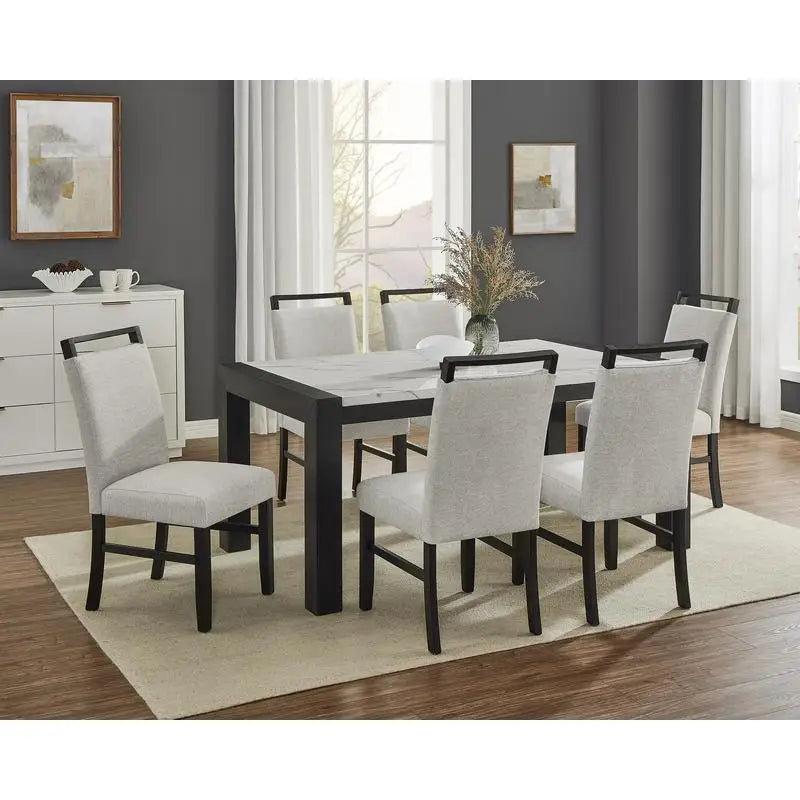 Contemporary 7pc Dining Set with White Faux Marble Rectangular Table