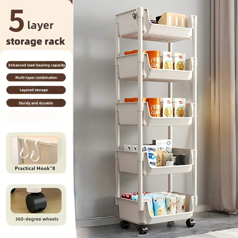 Multi-Tier  Slim Rolling Cart with Storage Bins and Hooks