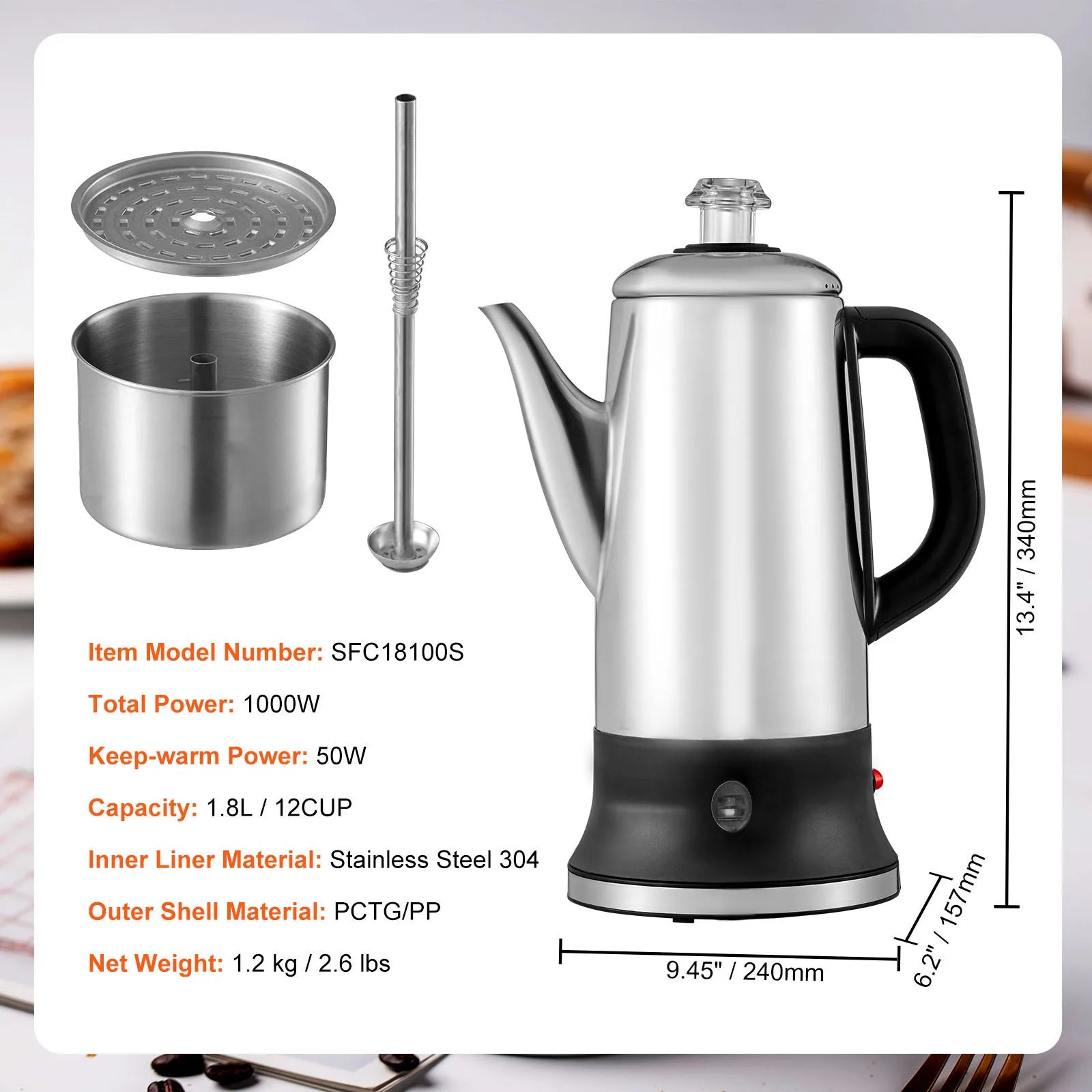 12-Cup Electricl Coffee Percolator with Keep Warm Function